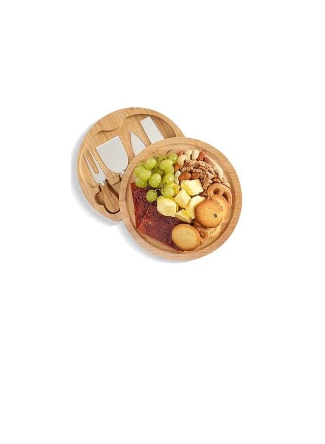 Round Oak Cheese Board and Knife Set，Charcuterie Board Set with 4 Knives，Cheese Board Set with Slide-Out Drawer，