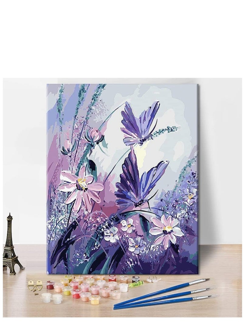 Purple Butterflies Paint by Number for Adults and Kids Beginner Sets DIY Painting Kits Acrylic Painting by Numbers Butterfly Series for Kids Gift for Home Wall Decorations Colourful Flower - 16x20inch