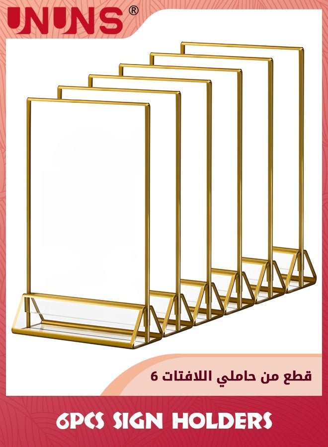 6 Pack Acrylic Sign Holders,10.2x15.2 cm (4x6 inch) Golden Clear Picture Frames Vertical Stand,Double Sided Menu Holder Display For Wedding Table Number,Restaurant Recipe,Photo