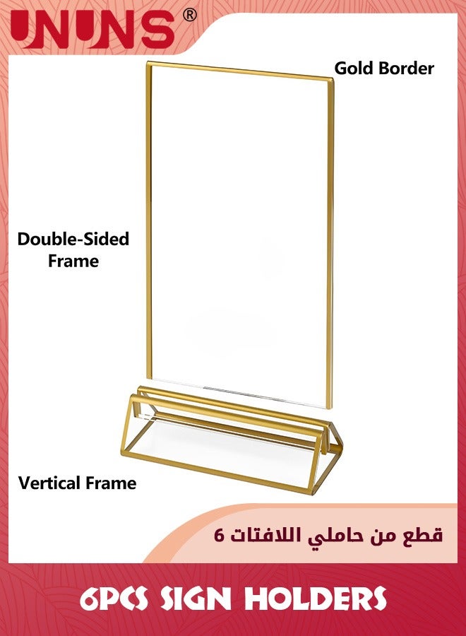 6 Pack Acrylic Sign Holders,10.2x15.2 cm (4x6 inch) Golden Clear Picture Frames Vertical Stand,Double Sided Menu Holder Display For Wedding Table Number,Restaurant Recipe,Photo