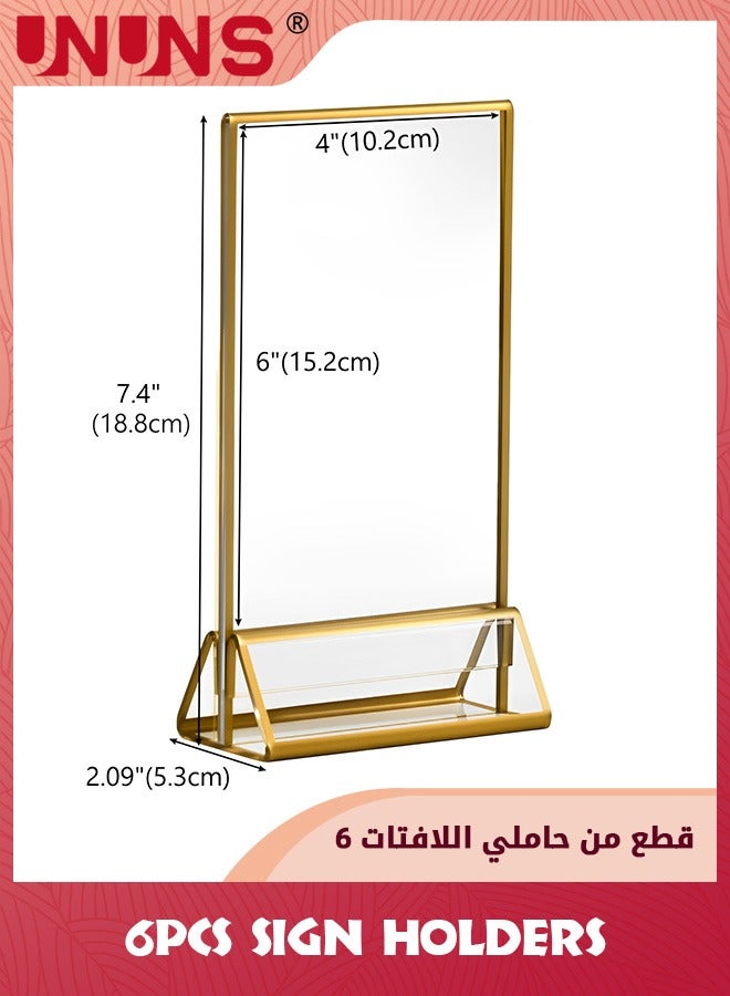 6 Pack Acrylic Sign Holders,10.2x15.2 cm (4x6 inch) Golden Clear Picture Frames Vertical Stand,Double Sided Menu Holder Display For Wedding Table Number,Restaurant Recipe,Photo