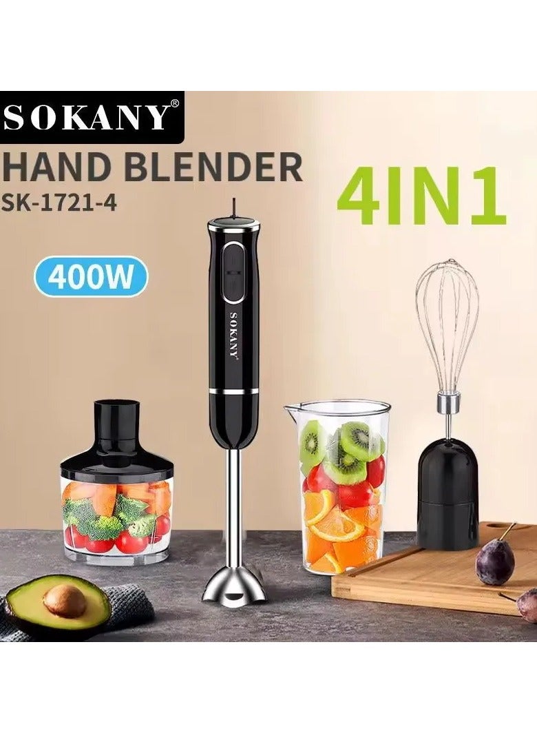 Sokany 2 Speed Hand Immersion 4 In 1 Blender Low- Noise, Beaker Chopper, Whisk Milk Frother, Egg Whisk Attachment - SK- 1721- 4