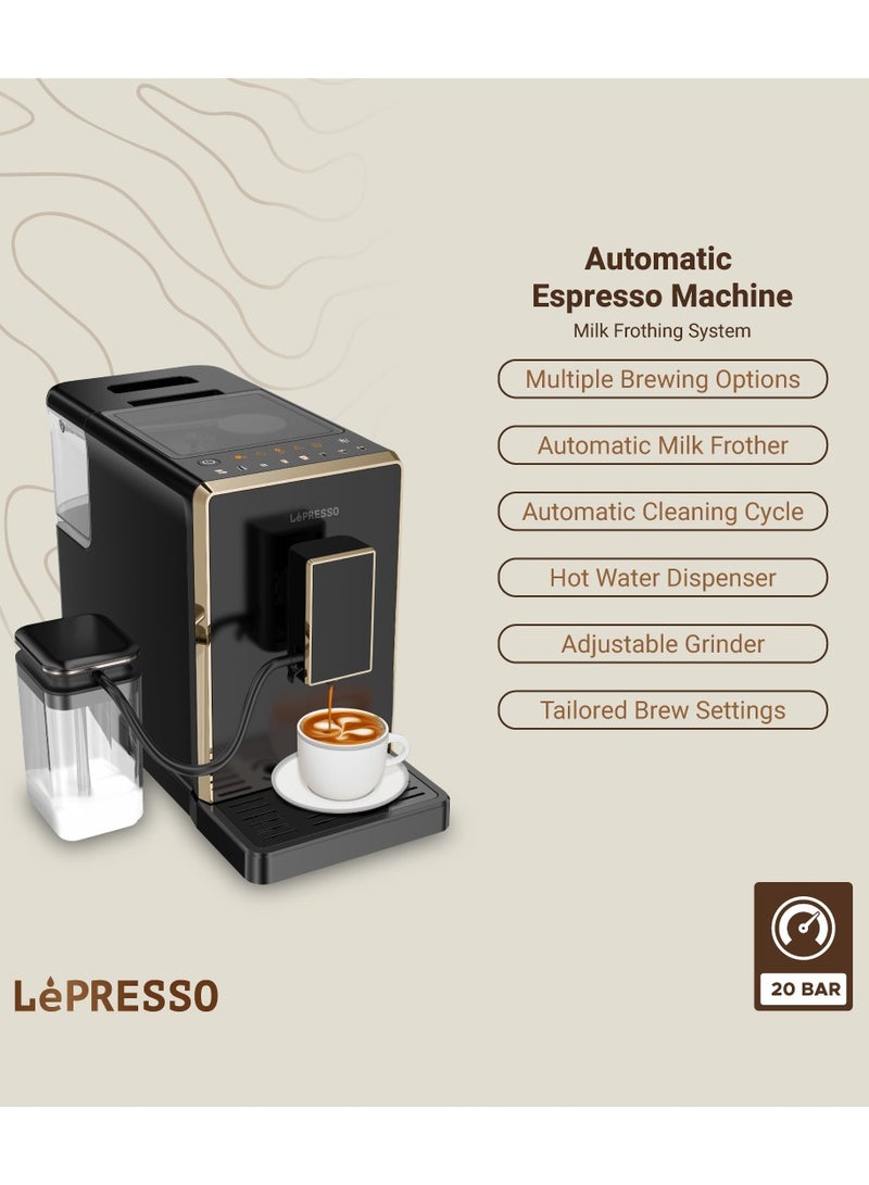 Automatic Espresso Coffee Machine with Milk Frothing System and 1.5L Water Tank Capacity & 20 Bar pressure Coffee Maker / Multiple Brewing Options / Adjustable Grinder / Hot Water Dispenser / Automatic Cleaning Cycle - Black