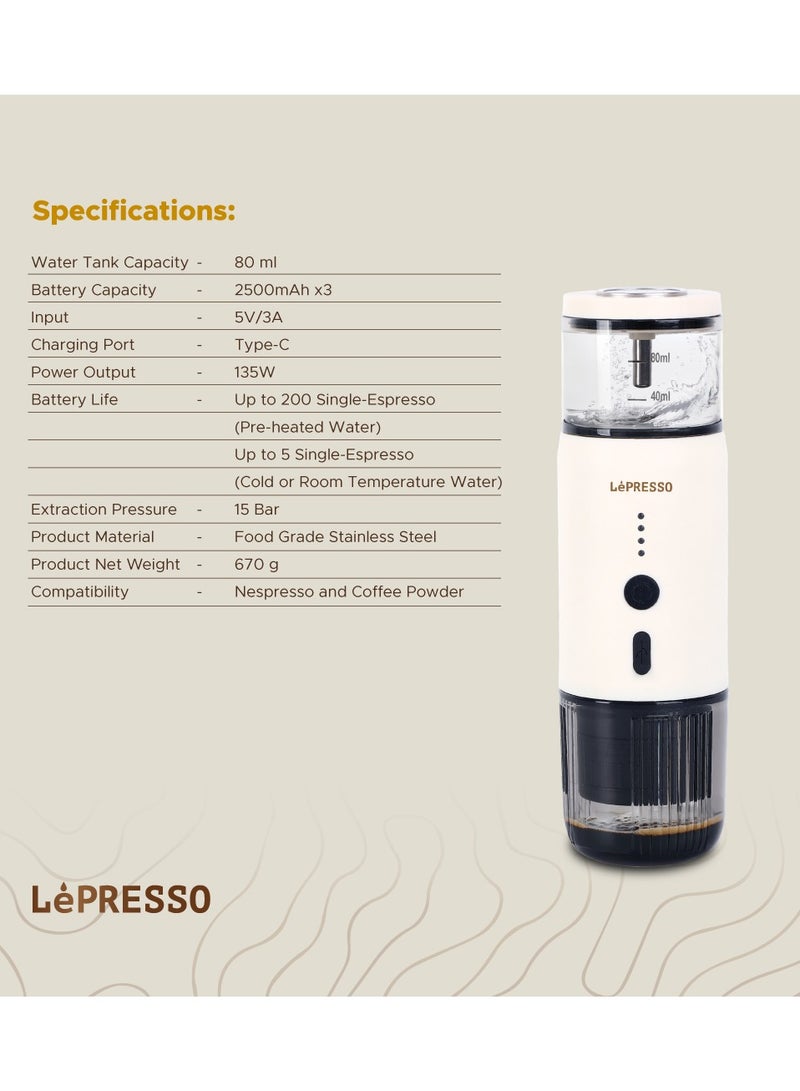 Portable Espresso Coffee Machine with 15 Bar Pressure and Temperature Gauge Coffee Maker / 80ml Water Tank / Heating Extraction / Capsule & Powder - White