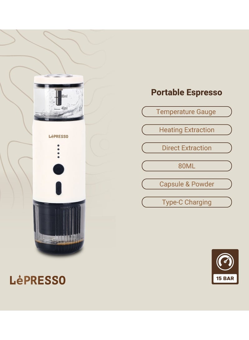 Portable Espresso Coffee Machine with 15 Bar Pressure and Temperature Gauge Coffee Maker / 80ml Water Tank / Heating Extraction / Capsule & Powder - White