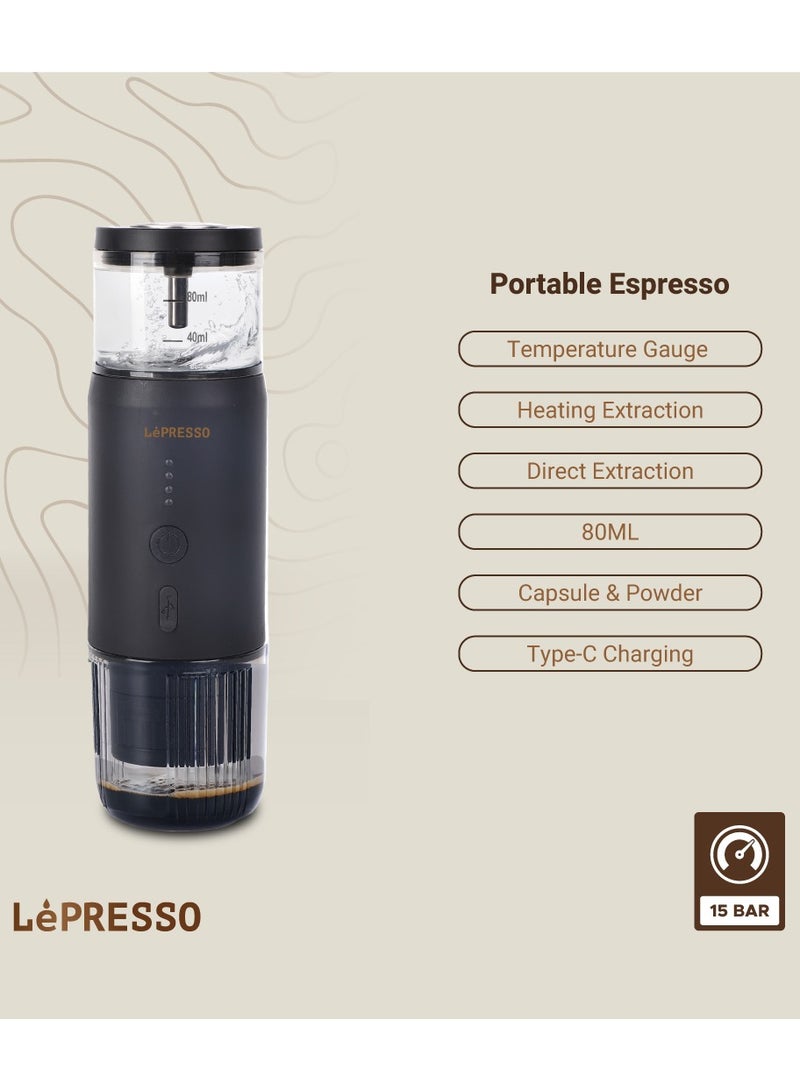 Portable Espresso Machine with 15 Bar Pressure and Temperature Gauge / 80ml Water Tank / Heating Extraction / Capsule & Powder - Black