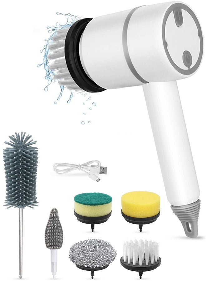 Rechargeable Electric Spin Scrubber, Portable Handheld Cleaning Brush with 6 Replaceable Brush Heads, Cordless Cleaning Brush for Bathroom, Kitchen, Dish, Milk bottle, Tile, Glass