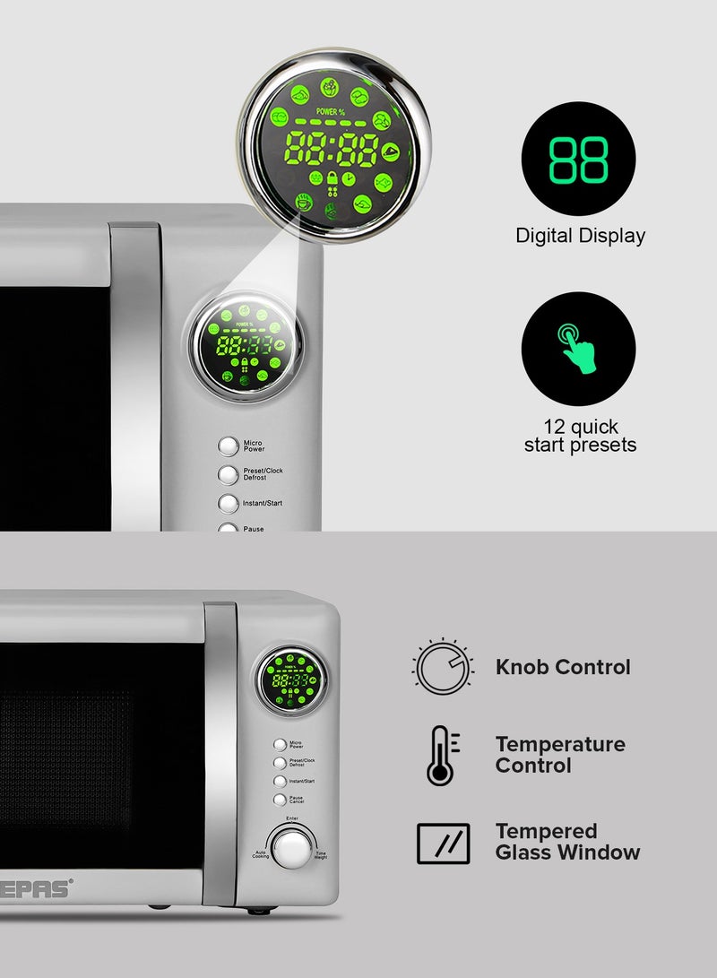 Digital Microwave Oven With 12 Quick Start Presets For a Varity Of Dishes, Defrost Function, Digital Display, Child Lock Function, Precise Cooking Controls, 20 L 700 W GMO2026GW Grey