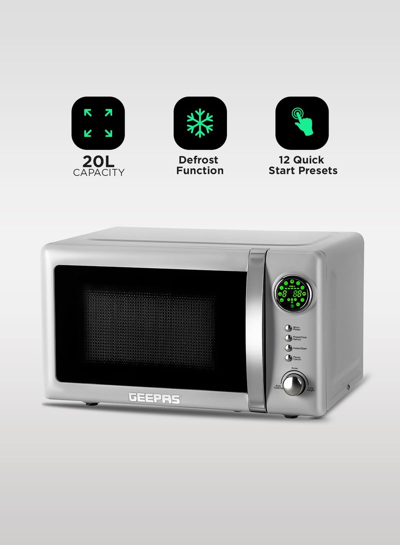 Digital Microwave Oven With 12 Quick Start Presets For a Varity Of Dishes, Defrost Function, Digital Display, Child Lock Function, Precise Cooking Controls, 20 L 700 W GMO2026GW Grey