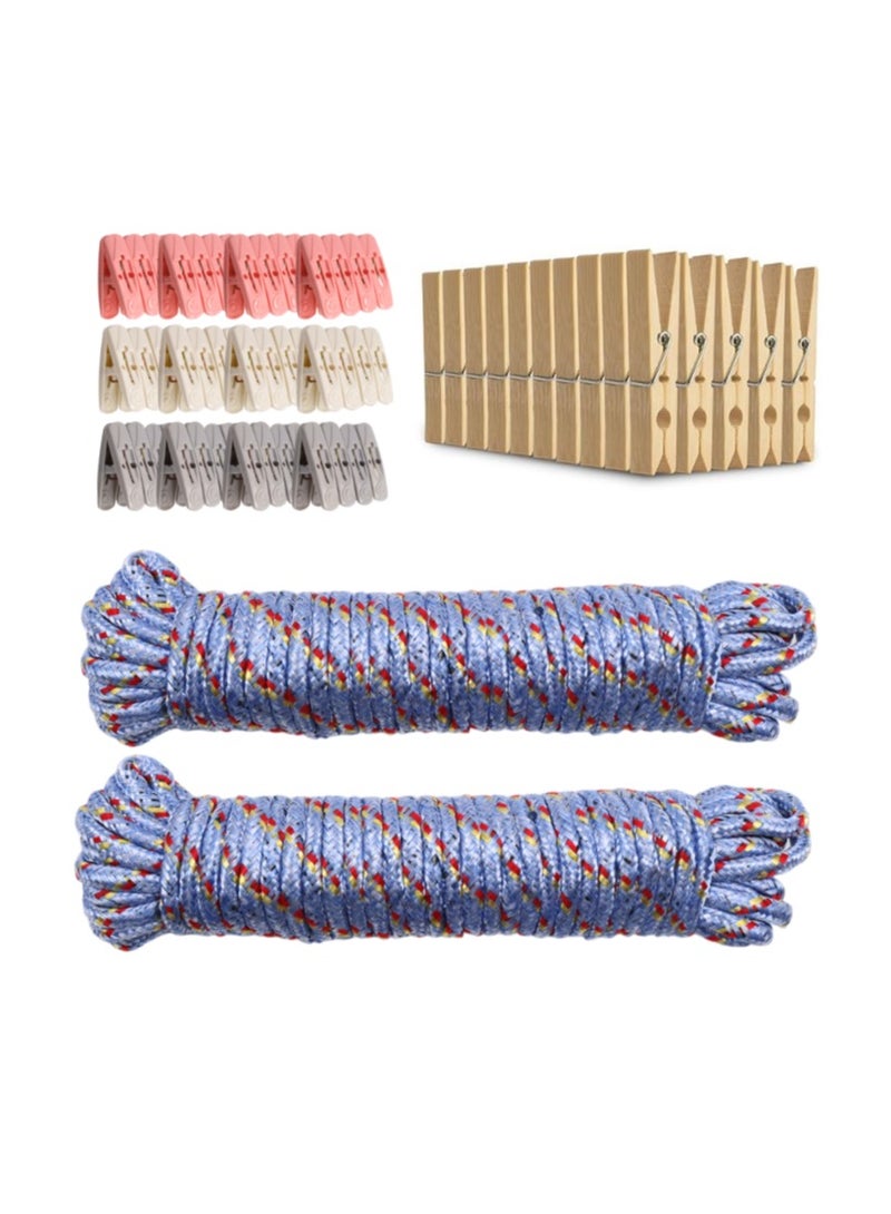 98-Piece Laundry Drying Kit | 48 Wooden Clips, 48 Plastic Clips (Cream, Rose, Charcoal) + 2 Polypropylene Ropes (10m each, Sky Blue) | Perfect for Laundry, DIY Projects, Home Storage & Outdoor Activities