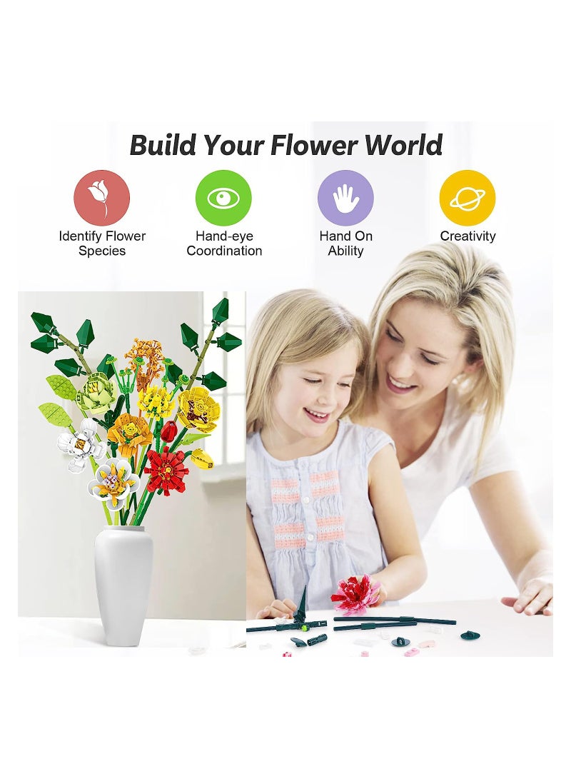 Flower Bouquet Building Kit, Artificial Flower Building Blocks Decorative Creative Home Accessories, Botanical Collection Set for Adults, Not Compatible With LEGO (827 PCS)