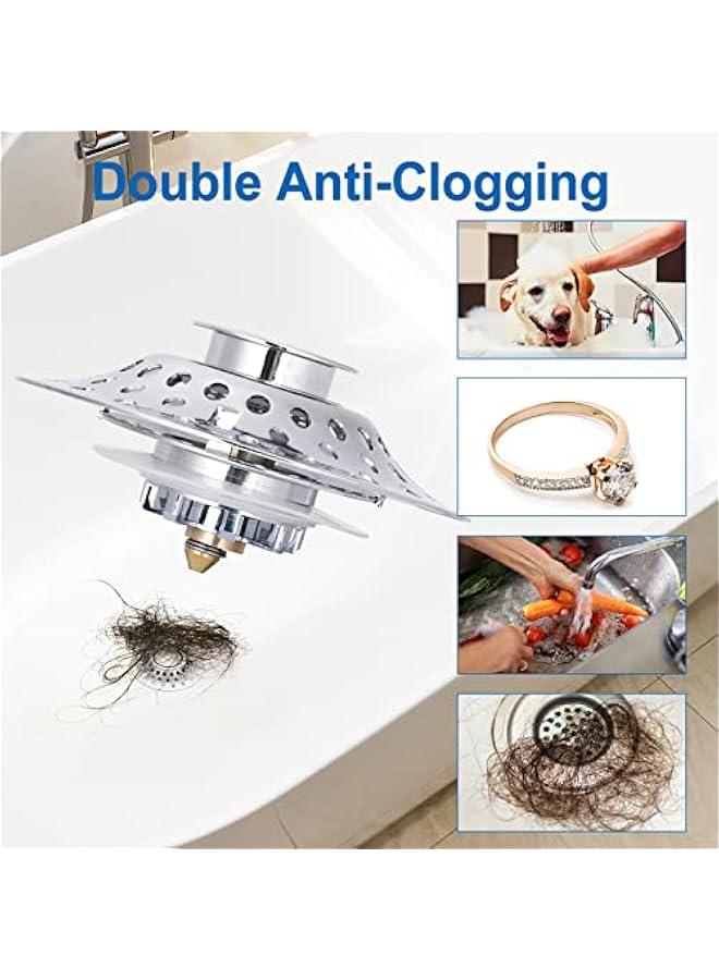 Universal Bathtub Stopper, for 1.4-2.0 Inch Basin Pop up Drain Cover Bathroom Sink Strainer, 2 in 1 Double Anti-Clogging Bath Tub Drain Plug with Hair Catcher