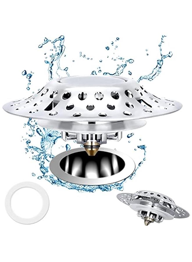 Universal Bathtub Stopper, for 1.4-2.0 Inch Basin Pop up Drain Cover Bathroom Sink Strainer, 2 in 1 Double Anti-Clogging Bath Tub Drain Plug with Hair Catcher