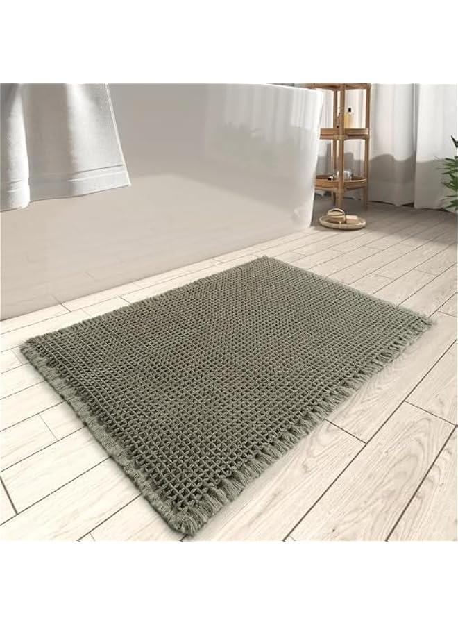 Upgraded Waffle Bath Mat, Super Absorbent Non Slip Bath Mats for Bathroom Floor, Machine Washable Bathroom Rugs with Tassels, Rubber Backed Bathroom Mats, Ultra Soft, 18 x 30, Green