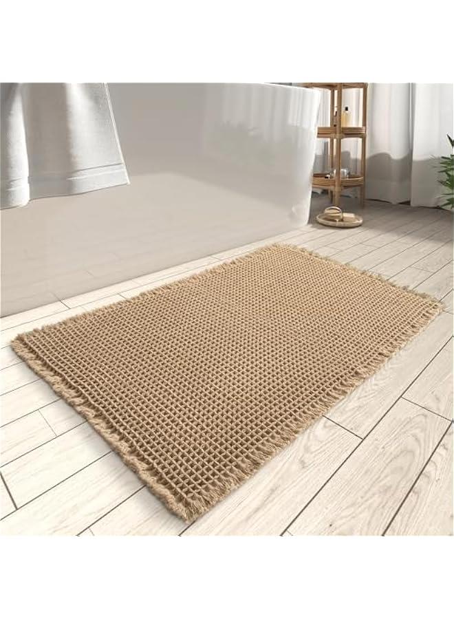 Upgraded Waffle Bath Mat, Super Absorbent Non Slip Bath Mats for Bathroom Floor, Machine Washable Bathroom Rugs with Tassels, Rubber Backed Bathroom Mats, Ultra Soft, 17 x 24, Brown