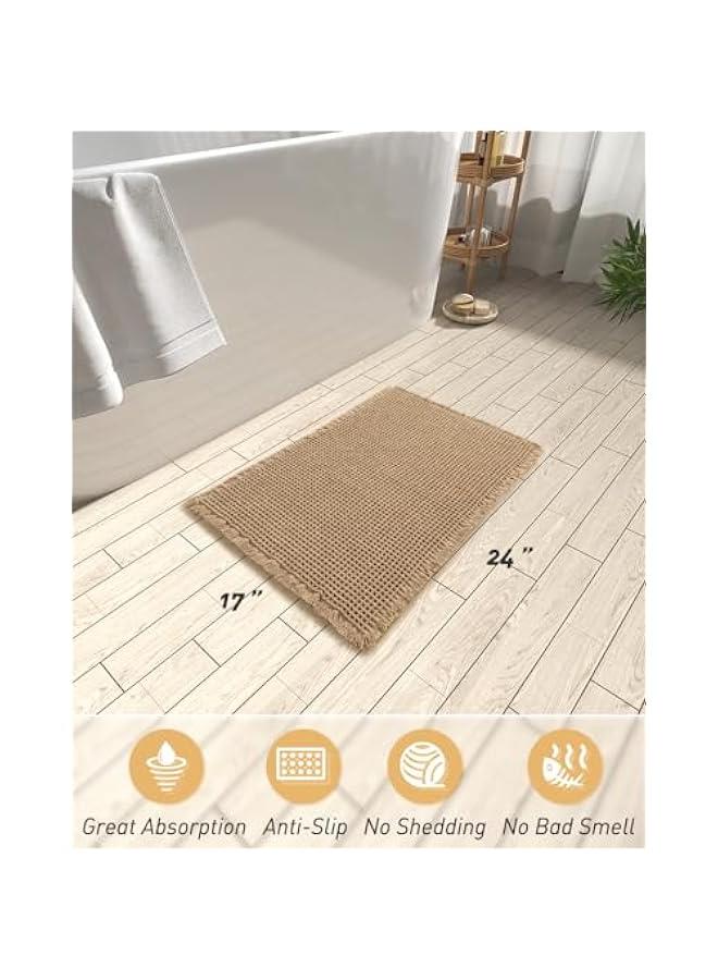 Upgraded Waffle Bath Mat, Super Absorbent Non Slip Bath Mats for Bathroom Floor, Machine Washable Bathroom Rugs with Tassels, Rubber Backed Bathroom Mats, Ultra Soft, 17 x 24, Brown