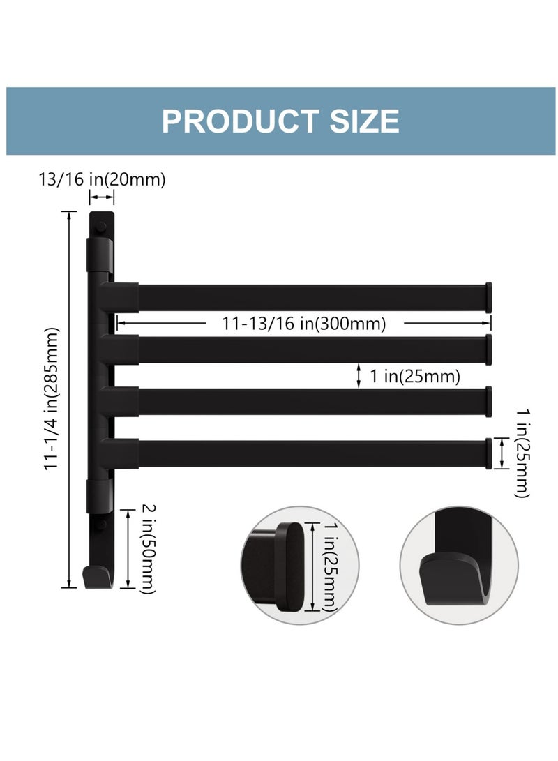 Black Wall Mounted Swivel Towel Rack with 4 Arms for Bathroom Rustproof Design 180 Degree Rotation 13 Inch Towel Holder Accessories