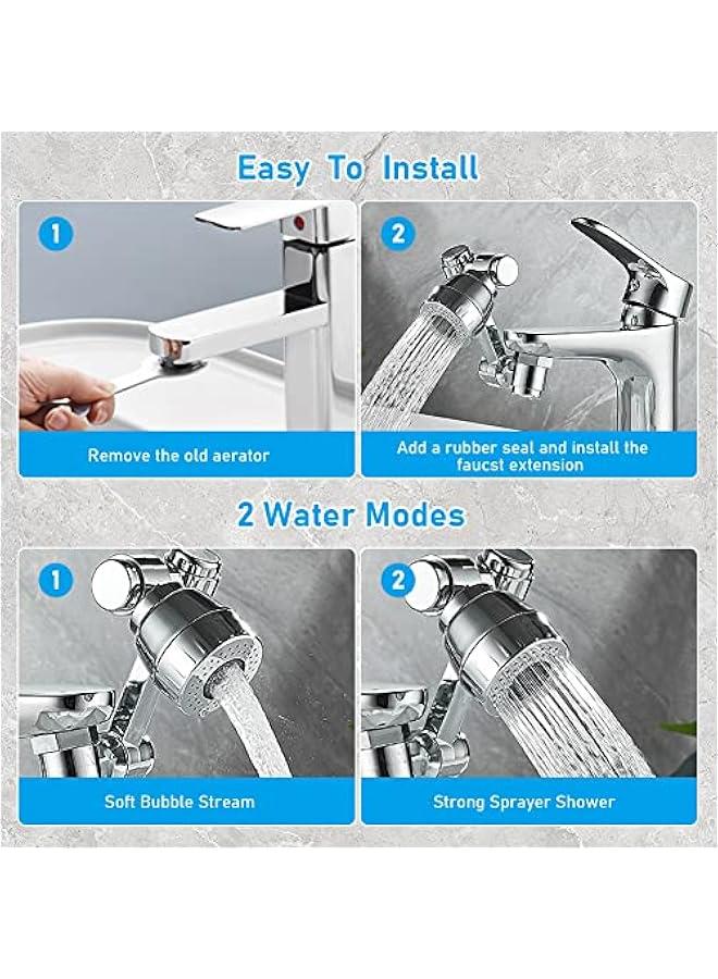 1080° Rotating Faucet Extender Aerator, Universal Splash Filter Faucet with 2 Water Outlet Modes, Big Angle Rotating Splash Filter Faucet Aerator for Kitchen Bath Faucet Parts Replacement