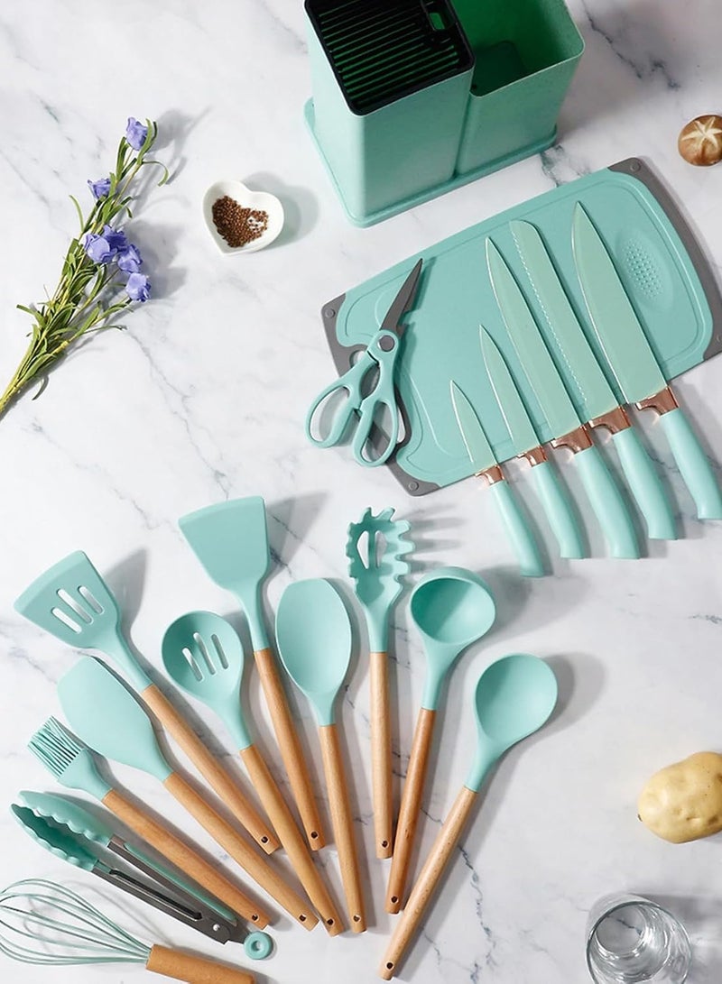 Kitchen Utensil Sets Little Kitchen Utensils Set Silicone Gel Tools With Wooden Handle, Cooking Utensils Set 19 Pieces For Home Cooks