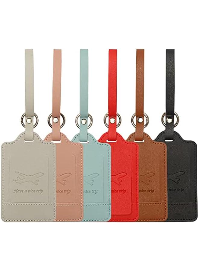 6 Pcs Luggage Tags,Premium PU Artificial Leahter，Travel Bag Suitcase Labels with Privacy Protection Name ID Card and Durable Steel Loop