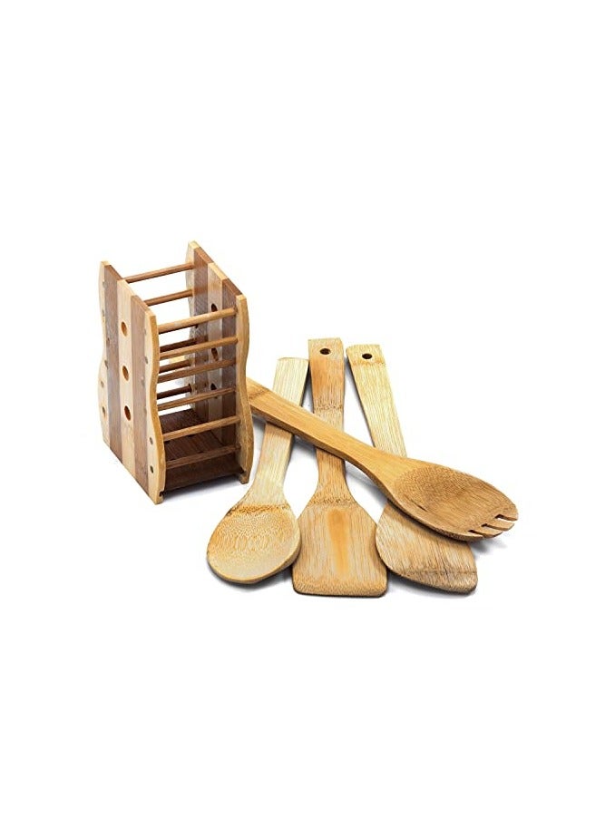 4 Pieces Pure Bamboo Wooden Solid Turner, Spatula, Slotted Spoon & Spoon Kitchen Essentials Cooking Utensils Tool Set