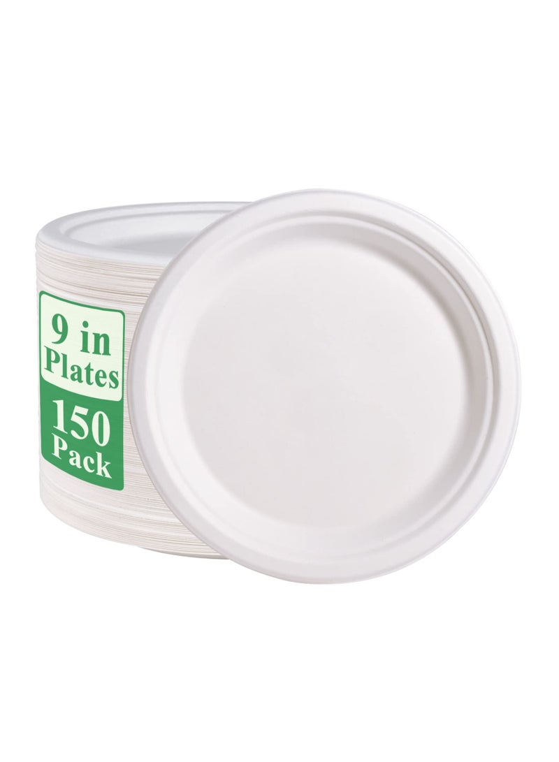 150 Pack Paper Plates 9 inch 100% Compostable Plates {PFAS-Free} - {BPI Certified} Heavy-Duty Disposable Paper Plates Bagasse Natural Biodegradable Eco-Friendly Sugarcane Plates（White）