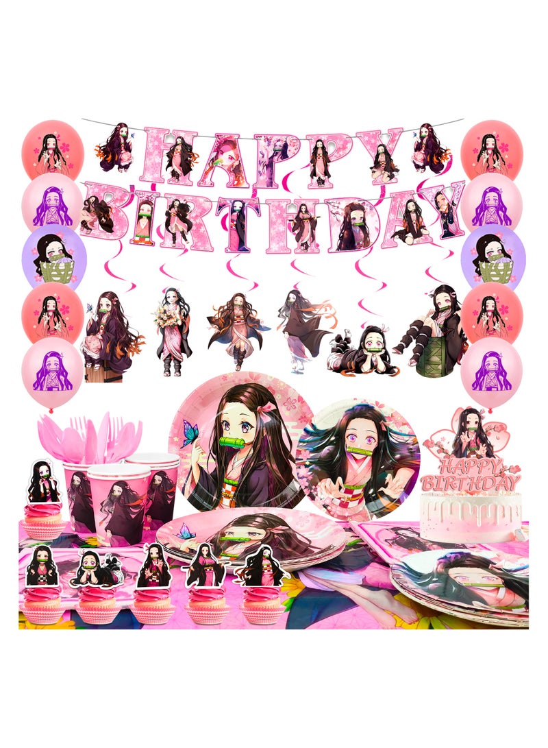 Nezuko Birthday Decorations,117pcs Nezuko Party Decorations&Nezuko Party Tableware Set- Nezuko Birthday Party Plates Tablecloth&Nezuko Cake Topper Banner Balloons etc Nezuko Birthday Party Supplies