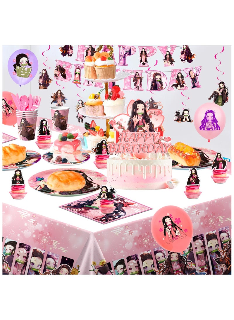 Nezuko Birthday Decorations,117pcs Nezuko Party Decorations&Nezuko Party Tableware Set- Nezuko Birthday Party Plates Tablecloth&Nezuko Cake Topper Banner Balloons etc Nezuko Birthday Party Supplies