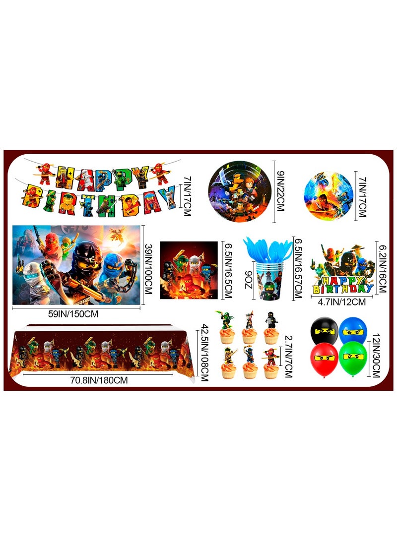 Ninjago Birthday Decorations,112pcs Tableware Set- Ninjago Decorations Banner Balloons Backdrop Plates Napkins Table Cloths etc Ninjago Birthday Party Supplies