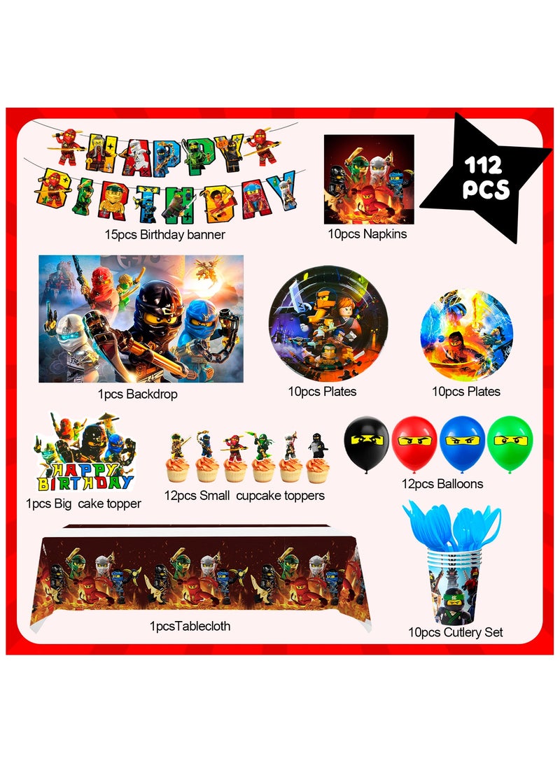 Ninjago Birthday Decorations,112pcs Tableware Set- Ninjago Decorations Banner Balloons Backdrop Plates Napkins Table Cloths etc Ninjago Birthday Party Supplies