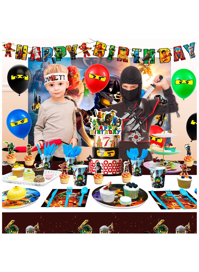 Ninjago Birthday Decorations,112pcs Tableware Set- Ninjago Decorations Banner Balloons Backdrop Plates Napkins Table Cloths etc Ninjago Birthday Party Supplies