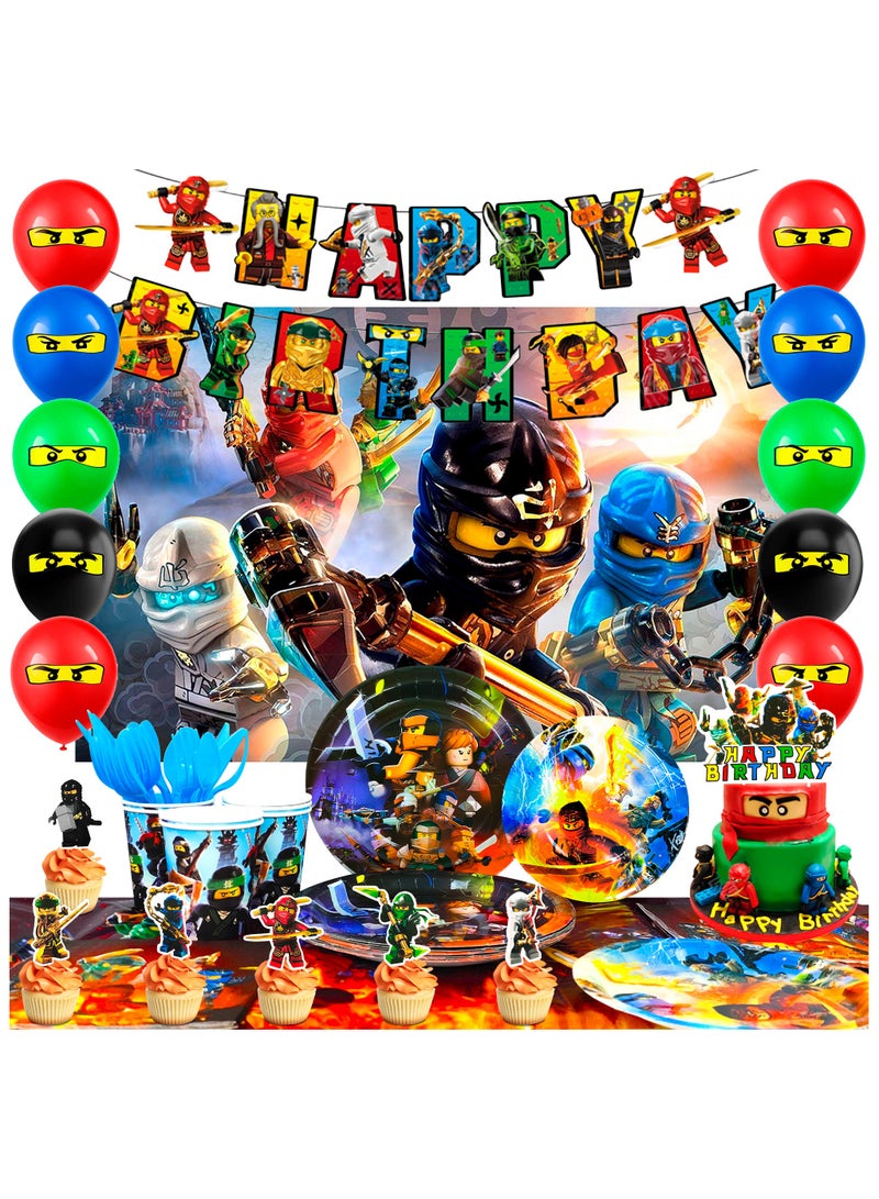 Ninjago Birthday Decorations,112pcs Tableware Set- Ninjago Decorations Banner Balloons Backdrop Plates Napkins Table Cloths etc Ninjago Birthday Party Supplies