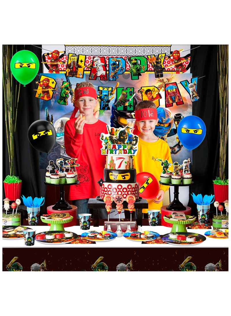 Ninjago Birthday Decorations,112pcs Tableware Set- Ninjago Decorations Banner Balloons Backdrop Plates Napkins Table Cloths etc Ninjago Birthday Party Supplies