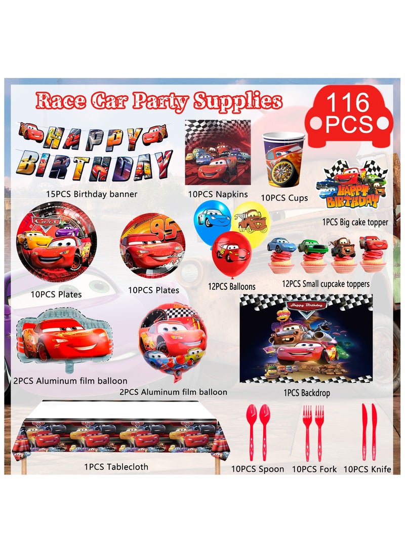 Cars Birthday Party Supplies, 116pcs Cars Birthday Decorations & Cars Party Tableware Set - Cars Balloons Banner & Lightning Mcqueen Plates Cups Napkins etc  Lightning Mcqueen Birthday Decorations