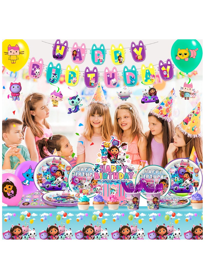 Gabby Dollhouse Party Supplies,115pcs Gabby Decoration&Tableware Set-Gabby Dollhouse Birthday Party Plates Cups Napkins,Gabby Dollhouse Party Balloons Banner etc Gabby Dollhouse Birthday Decorations