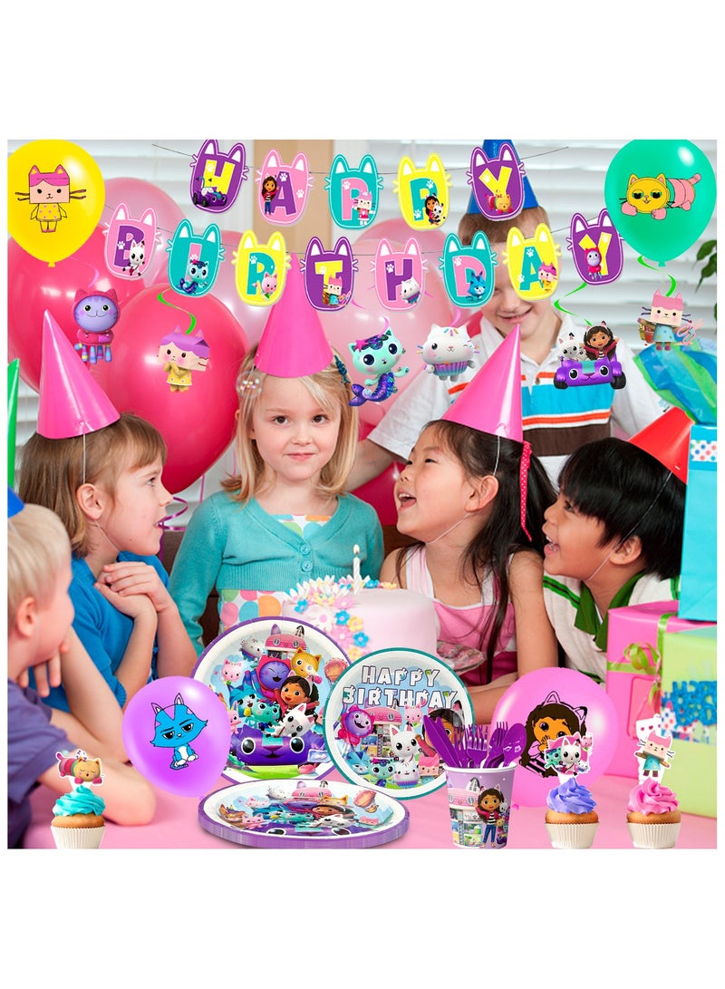 Gabby Dollhouse Party Supplies,115pcs Gabby Decoration&Tableware Set-Gabby Dollhouse Birthday Party Plates Cups Napkins,Gabby Dollhouse Party Balloons Banner etc Gabby Dollhouse Birthday Decorations