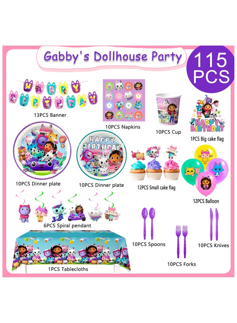 Gabby Dollhouse Party Supplies,115pcs Gabby Decoration&Tableware Set-Gabby Dollhouse Birthday Party Plates Cups Napkins,Gabby Dollhouse Party Balloons Banner etc Gabby Dollhouse Birthday Decorations