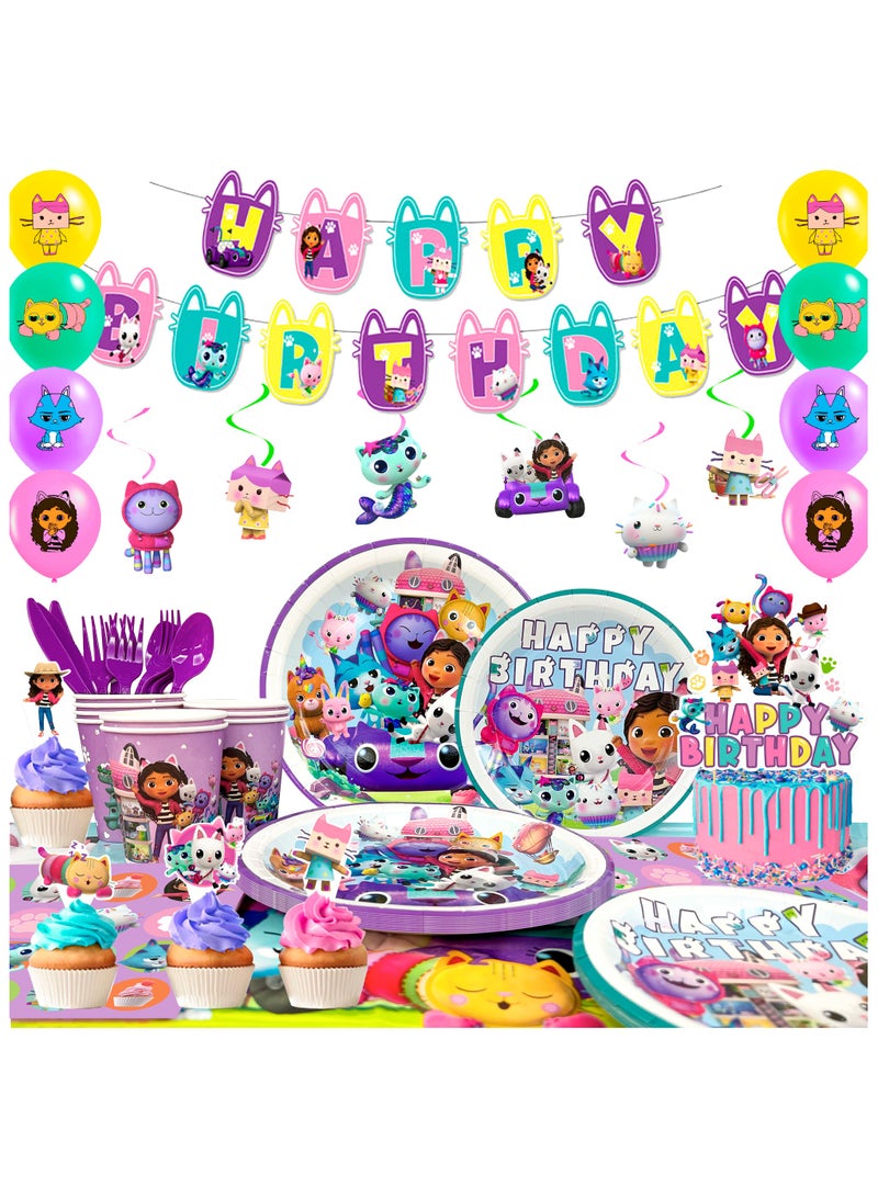 Gabby Dollhouse Party Supplies,115pcs Gabby Decoration&Tableware Set-Gabby Dollhouse Birthday Party Plates Cups Napkins,Gabby Dollhouse Party Balloons Banner etc Gabby Dollhouse Birthday Decorations