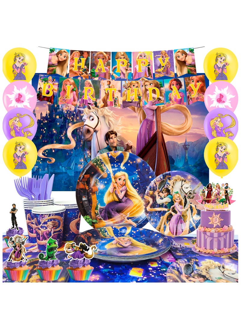 Rapunzel Birthday Decorations,112pcs Rapunzel Party Decorations & Rapunzel Tableware set- Rapunzel Birthday Plates Napkins & Rapunzel Balloons Banner Cake Topper etc Rapunzel Birthday Party Supplies