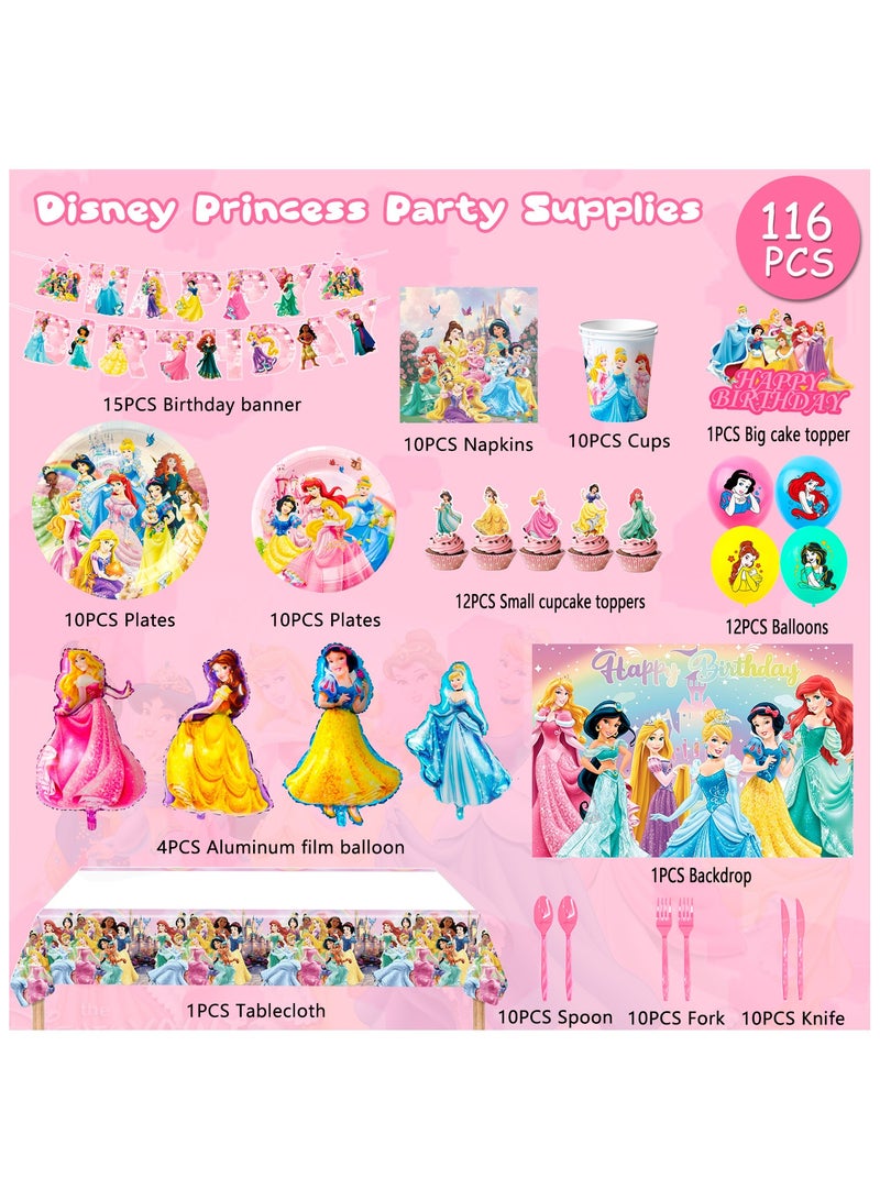 Princess Birthday Party Decorations, 116pcs Princess Party Tableware & Decorations Set Including Princess Birthday Plates Napkins Tablecloth & Princess Cake Topper Banner etc, for Girls Kids