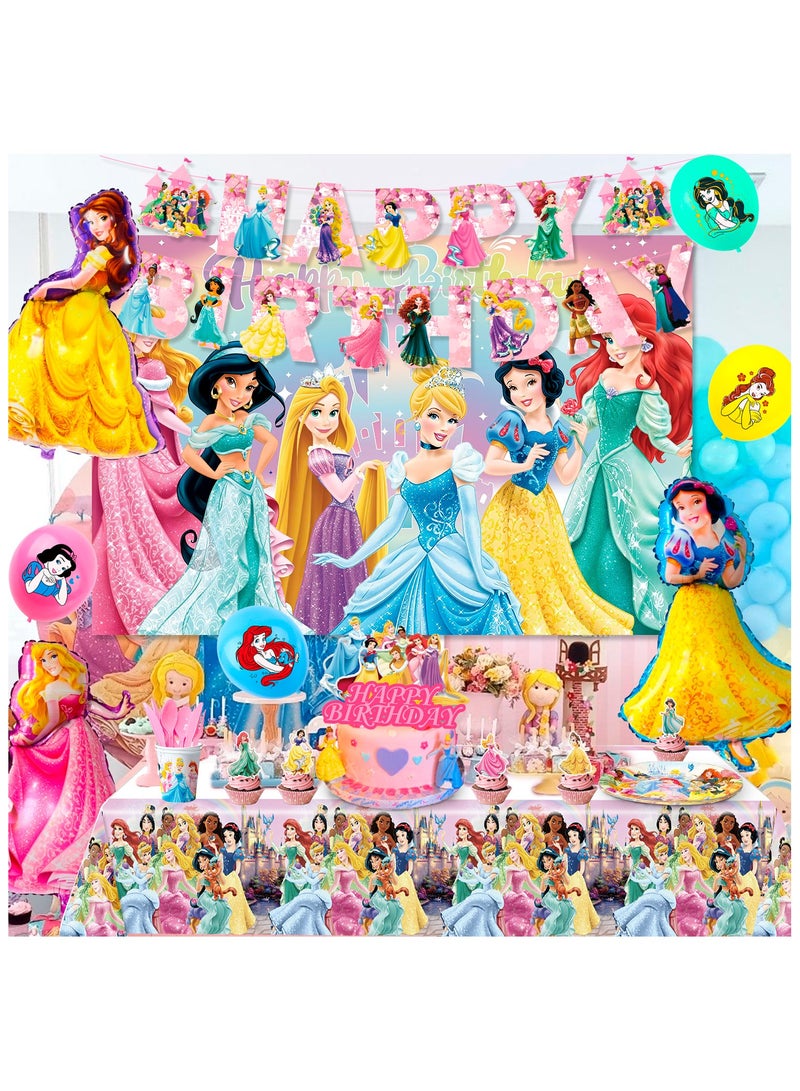 Princess Birthday Party Decorations, 116pcs Princess Party Tableware & Decorations Set Including Princess Birthday Plates Napkins Tablecloth & Princess Cake Topper Banner etc, for Girls Kids