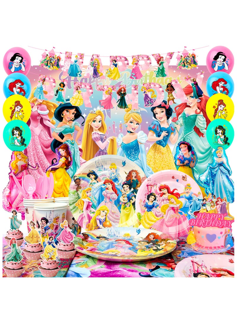 Princess Birthday Party Decorations, 116pcs Princess Party Tableware & Decorations Set Including Princess Birthday Plates Napkins Tablecloth & Princess Cake Topper Banner etc, for Girls Kids