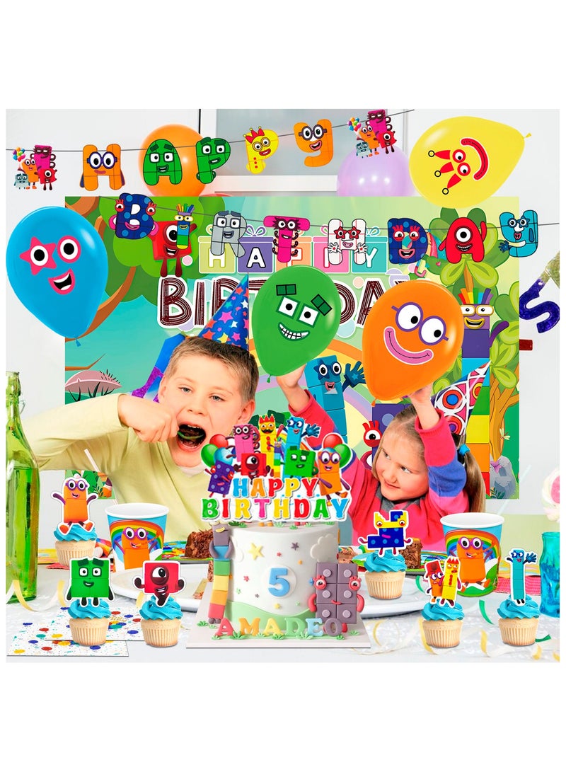 Number Blocks Birthday Decorations,112pcs Number Blocks Party Decorations & Number Blocks Party Tableware - Number Blocks Theme Birthday Banner Balloon Plate Tablecloth etc Numberblocks Party Supplies