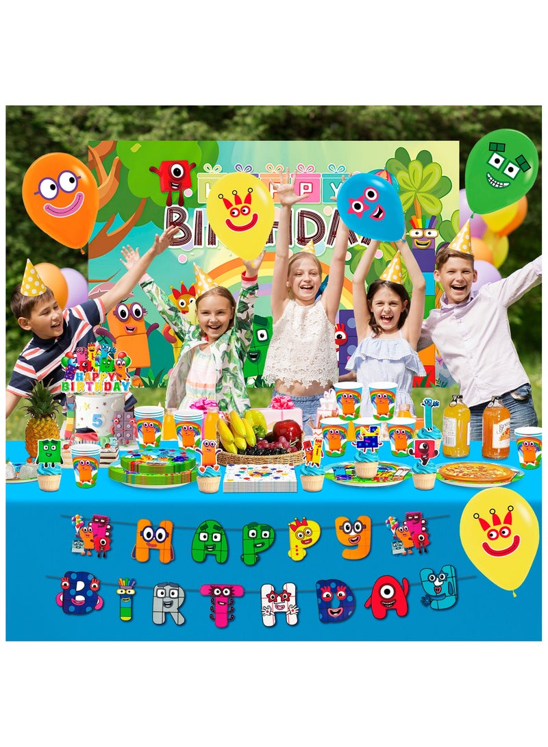 Number Blocks Birthday Decorations,112pcs Number Blocks Party Decorations & Number Blocks Party Tableware - Number Blocks Theme Birthday Banner Balloon Plate Tablecloth etc Numberblocks Party Supplies