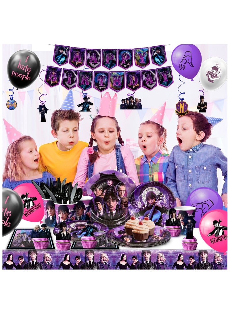 Wednesday Birthday Decorations,117pcs Wednesday Party Decorations & Tableware Set - Wednesday Plates Napkins Cups Balloons Hanging Swirls and Wednesday Theme Tablecloth etc