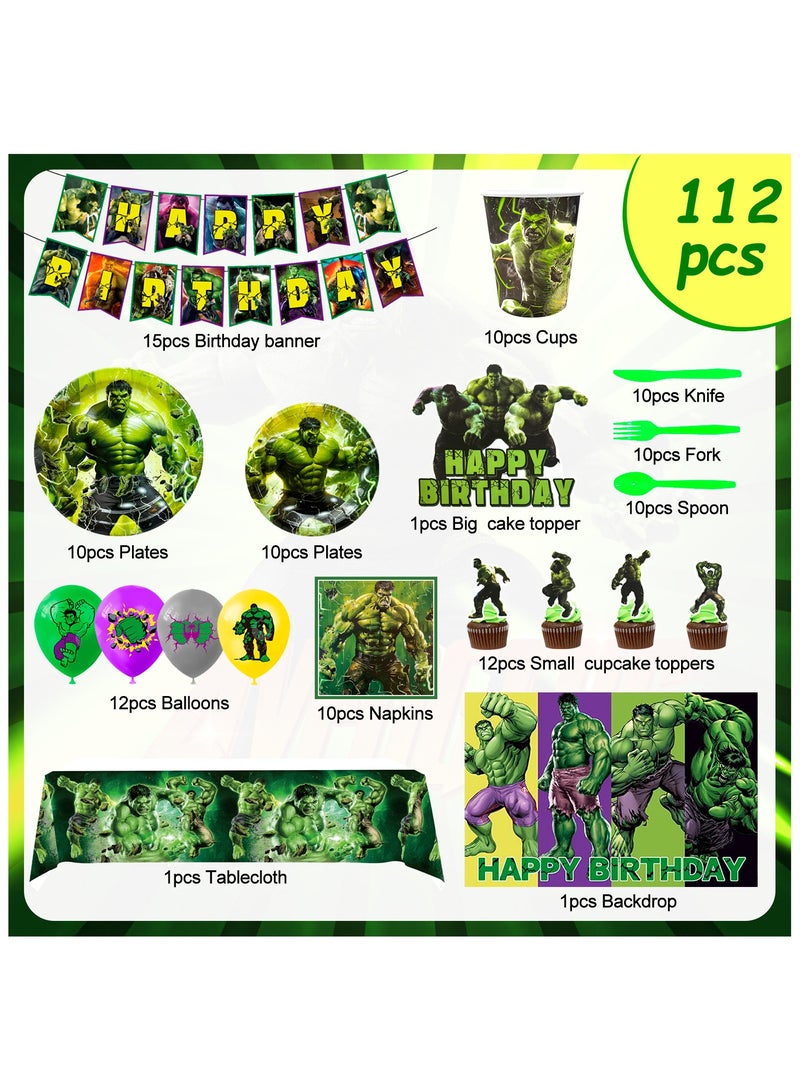 Hulk Birthday Party Supplies, 112pcs Hulk Party Decorations & Tableware Set Including Hulk Cake Topper Cups etc Hulk Themed Birthday Party Decorations Supplies