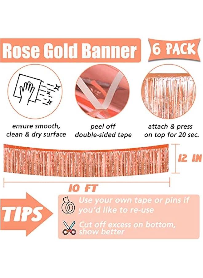 6 Pack 10 Feet Foil Fringe Garland Metallic Tinsel Banner Wall Hanging Curtain Streamers Backdrop for Parade Floats Bachelorette Wedding Birthday Party Thanksgiving  Decorations(Rose Gold)