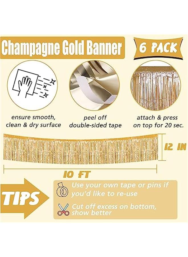 6 Pack 10 Feet Foil Fringe Garland Metallic Tassle Banner Wall Hanging Tinsel Streamers Backdrop for Parade Floats, Bachelorette, Wedding, Birthday Party Decorations(Champagne Gold)