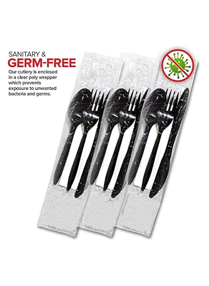 [50 Pack] Black Plastic Cutlery Set with | Disposable Utensils for Camping, Traveling, and Party Supplies | Knife, Fork, Spoon