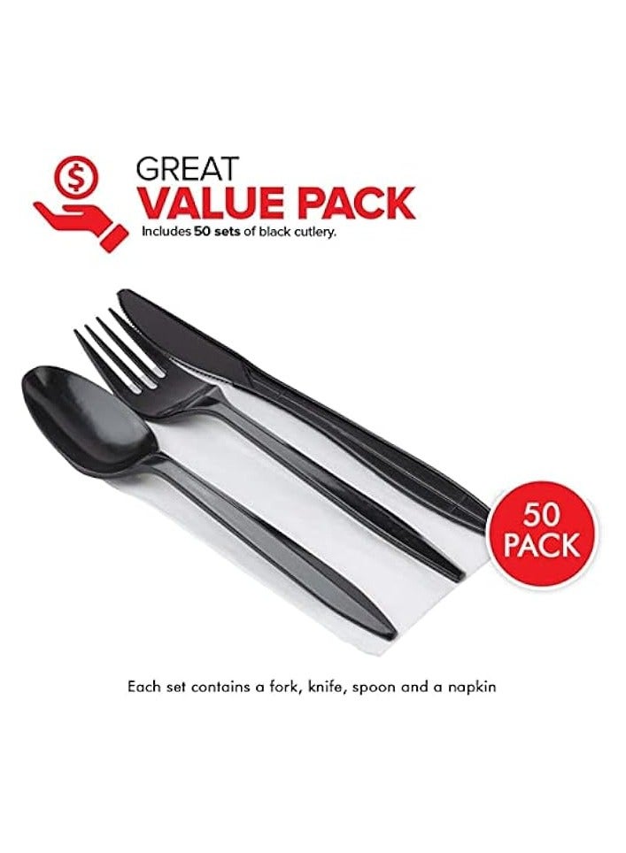 [50 Pack] Black Plastic Cutlery Set with | Disposable Utensils for Camping, Traveling, and Party Supplies | Knife, Fork, Spoon